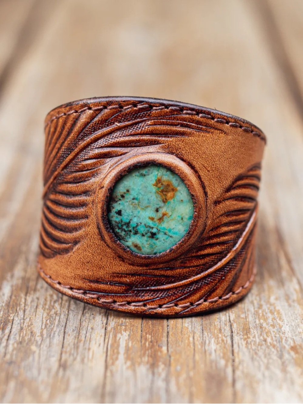 “Buffalo Girl” eagle feather and African turquoise leather cuff!